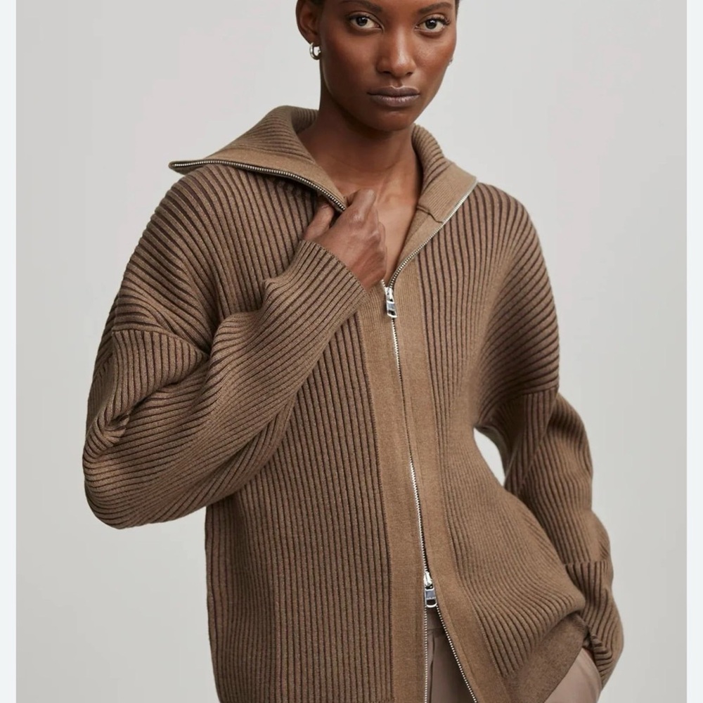 Varley Brown Ribbed Zip Cardigan